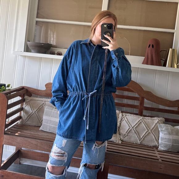 Vintage Avon Style Jean Hidden Button Adjustable Waist Duster Coat Women's Large - Picture 3 of 9